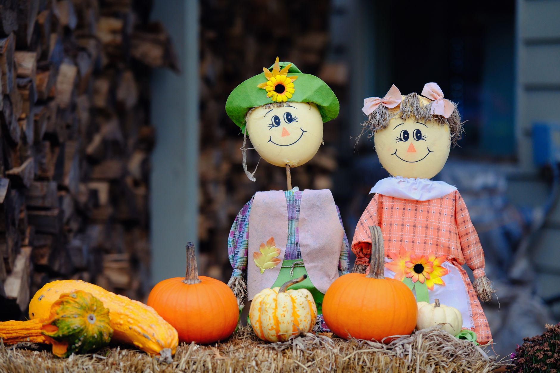 Delightful fall scene featuring scarecrow couple with pumpkins, gourds, and autumn decorations.