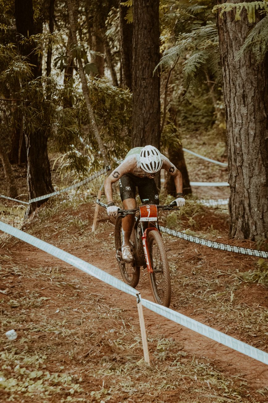 Competitive mountain biker navigating a forest trail, showcasing endurance and agility.