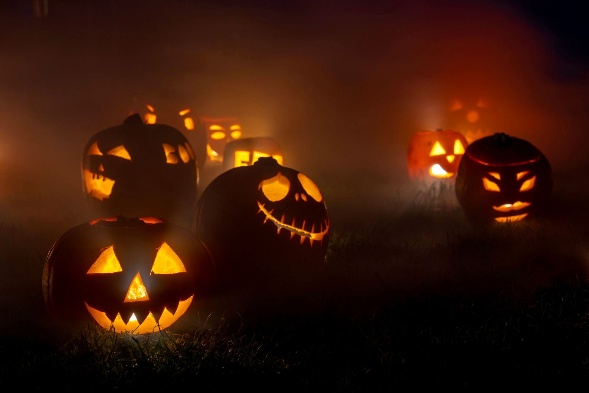 Eerie glowing jack-o'-lanterns in a foggy outdoor setting, perfect for Halloween themes.