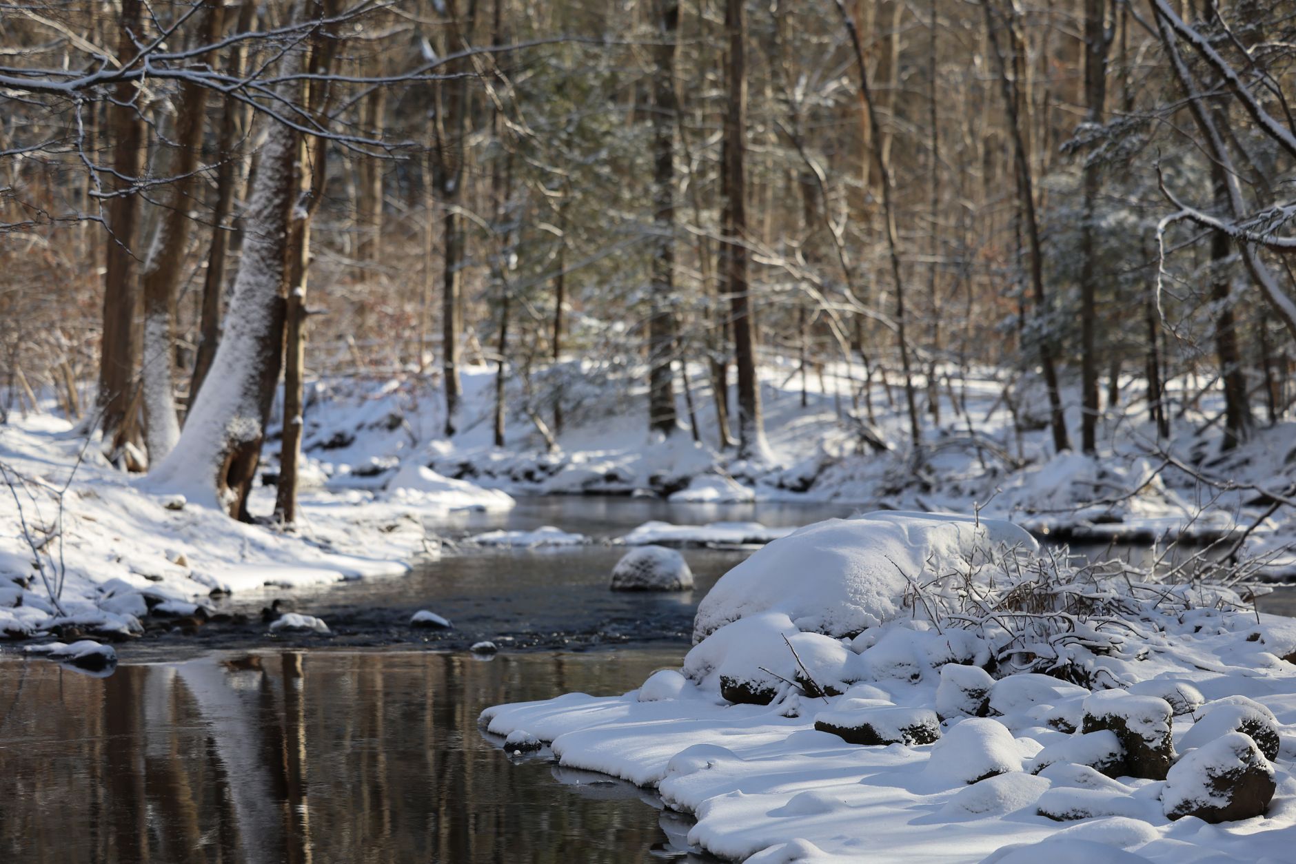 Snow-covered Mianus River in Stamford, Connecticut during a serene winter morning.